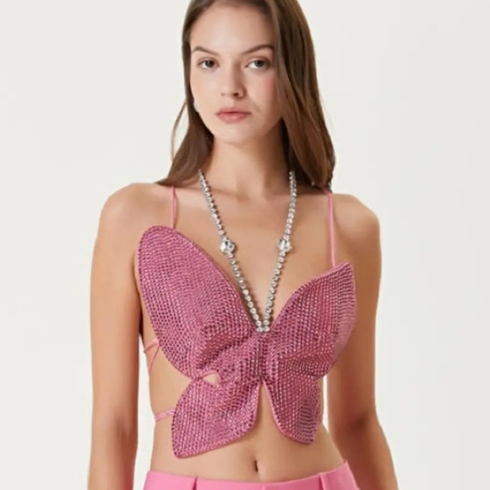 AREA Pink Butterfly Beaded Top (sample)